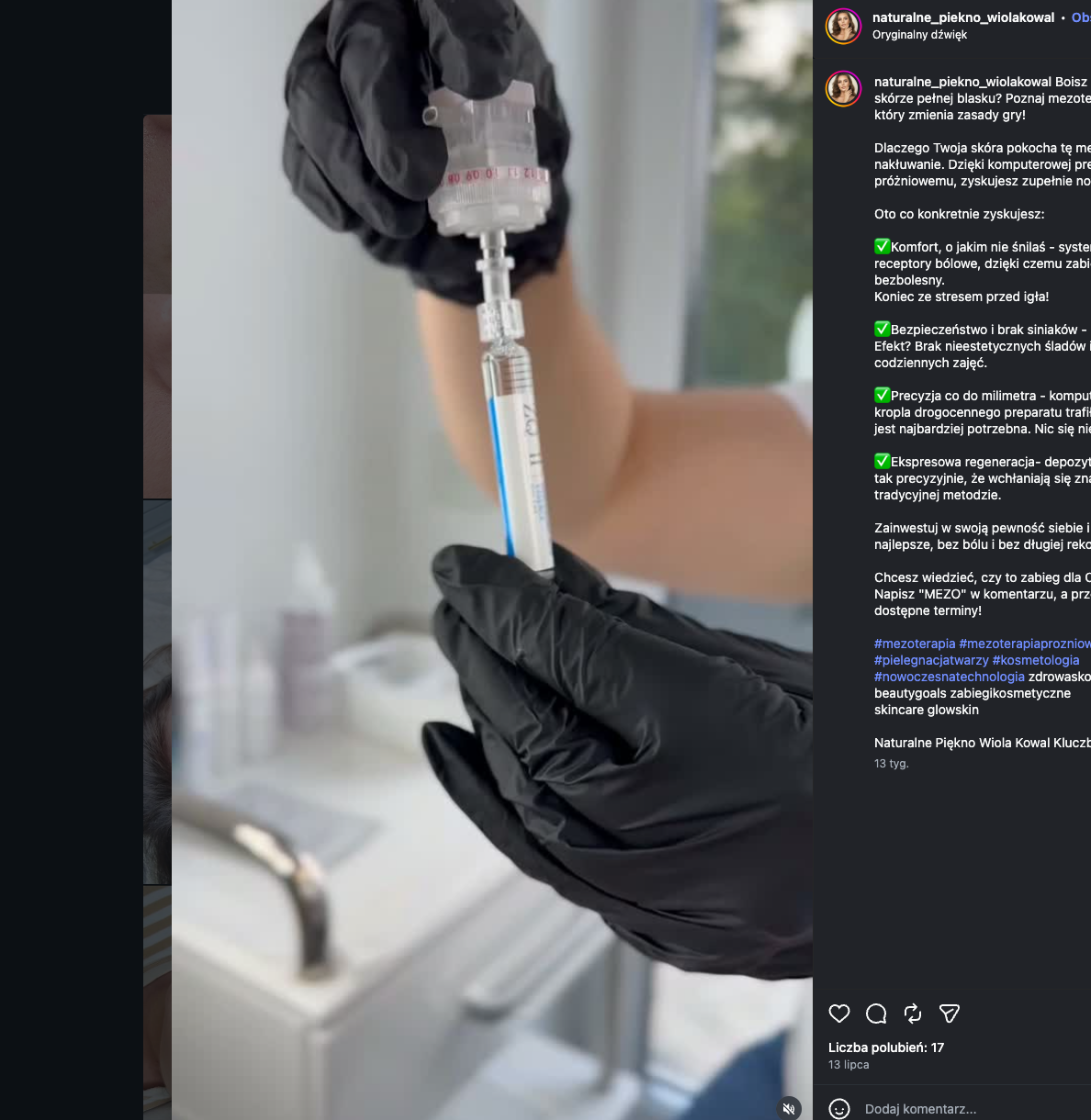 Przygotowuję preparat do mezoterapii, dłonie w czarnych rękawiczkach